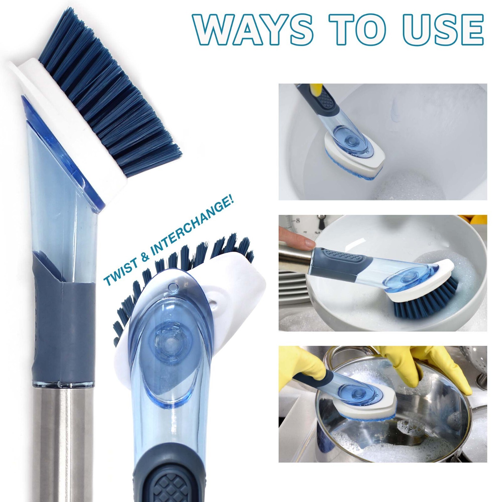 Soap Dispensing Dish Cleaning Brush with 4 Brush Head Set