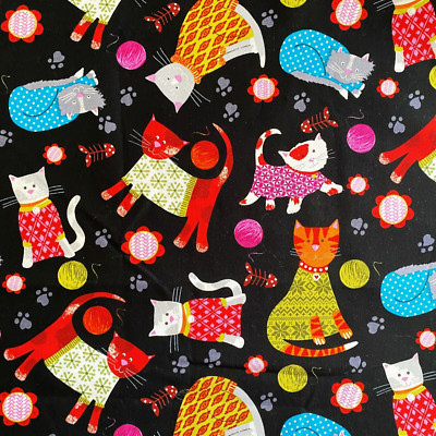 Knitty Kitty Cat Fabric 18inx42in Greta Lynn Benartex Knitting Cats 18 in length