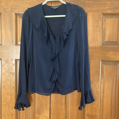 Lauren Ralph Lauren 100% Silk Navy Ruffle V-neck Long Sleeve Blouse Women s Sz 8