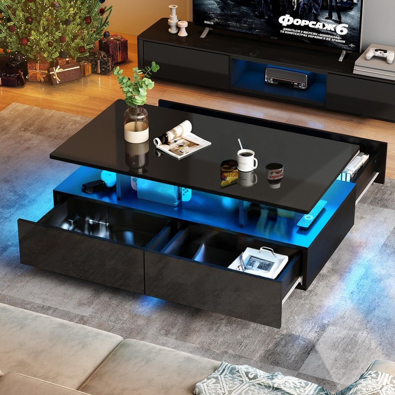 Modern High Gloss Coffee Table LED Light with 4 Storage