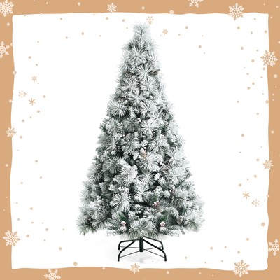 Topbuy 6ft Snow Flocked Christmas Tree Full-bodied Hinged Xmas Tree w/ Glittery