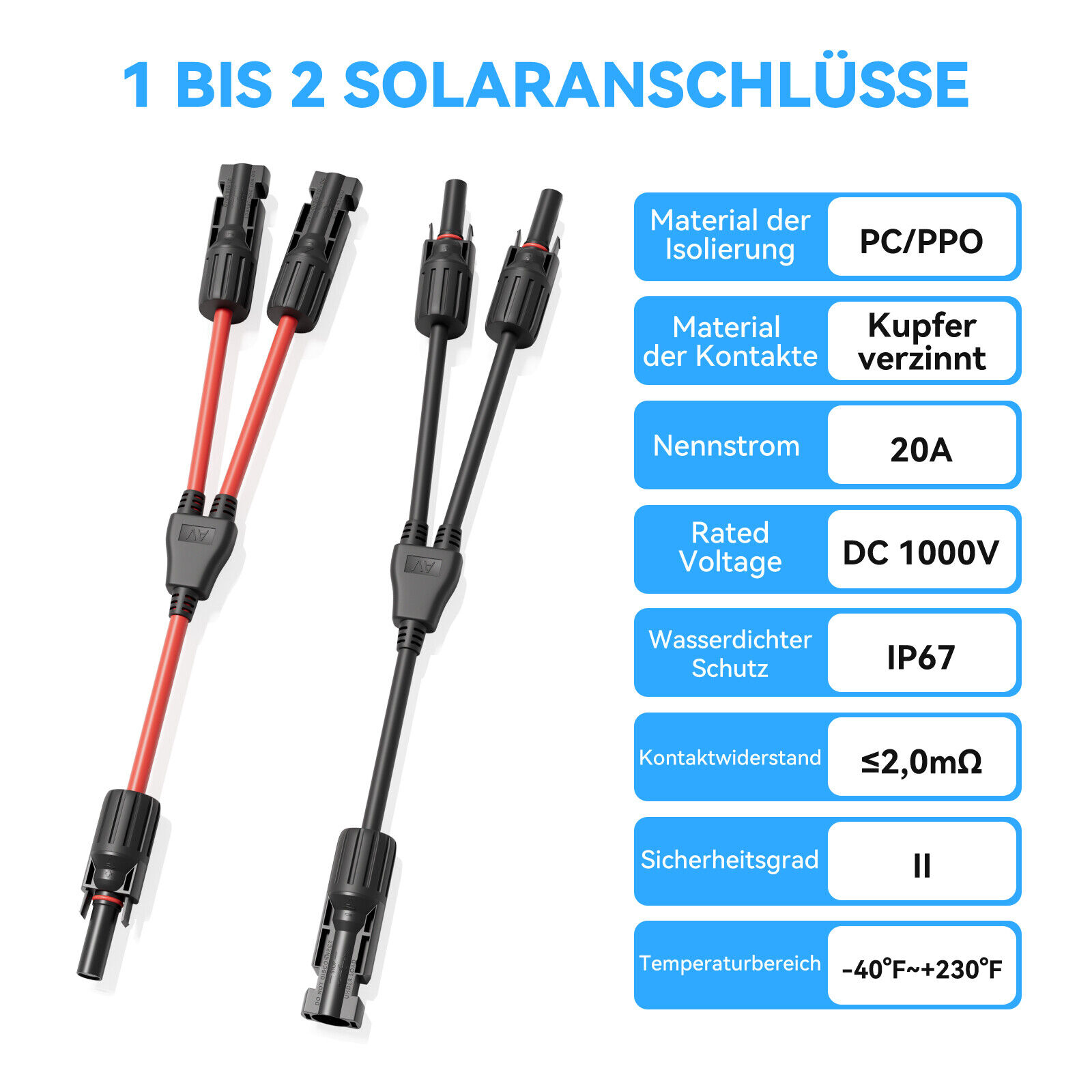 1 Pair Y Solarstecker PV Stecker 2Fach Verteiler Buchse Kupplung Sicherung kabel