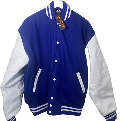 NWT Battlestar Blue/white Leather/wool Varsity Jacket W/ Quilted Lining XL