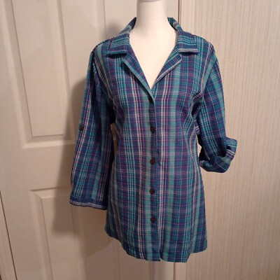 White Stag Women's Size 2XL Blue Teal White Plaid Button Up Roll Tab Top, EUC