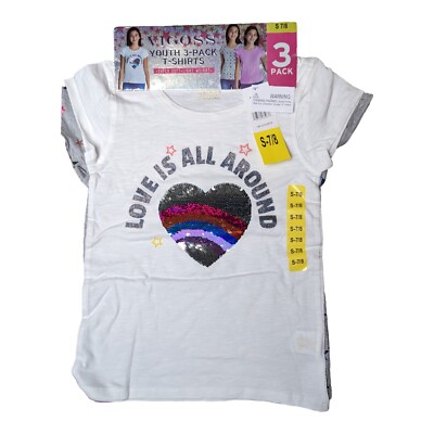 NWT YOUTH GIRLS VIGOSS  3-PACK FASHION T-SHIRTS  HEART/ STARS/SOLID SIZE S(7/8)