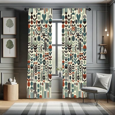 Leafy Art Curtains, Scandinavian Leaves Pattern with Geometric Roundy Modern ...