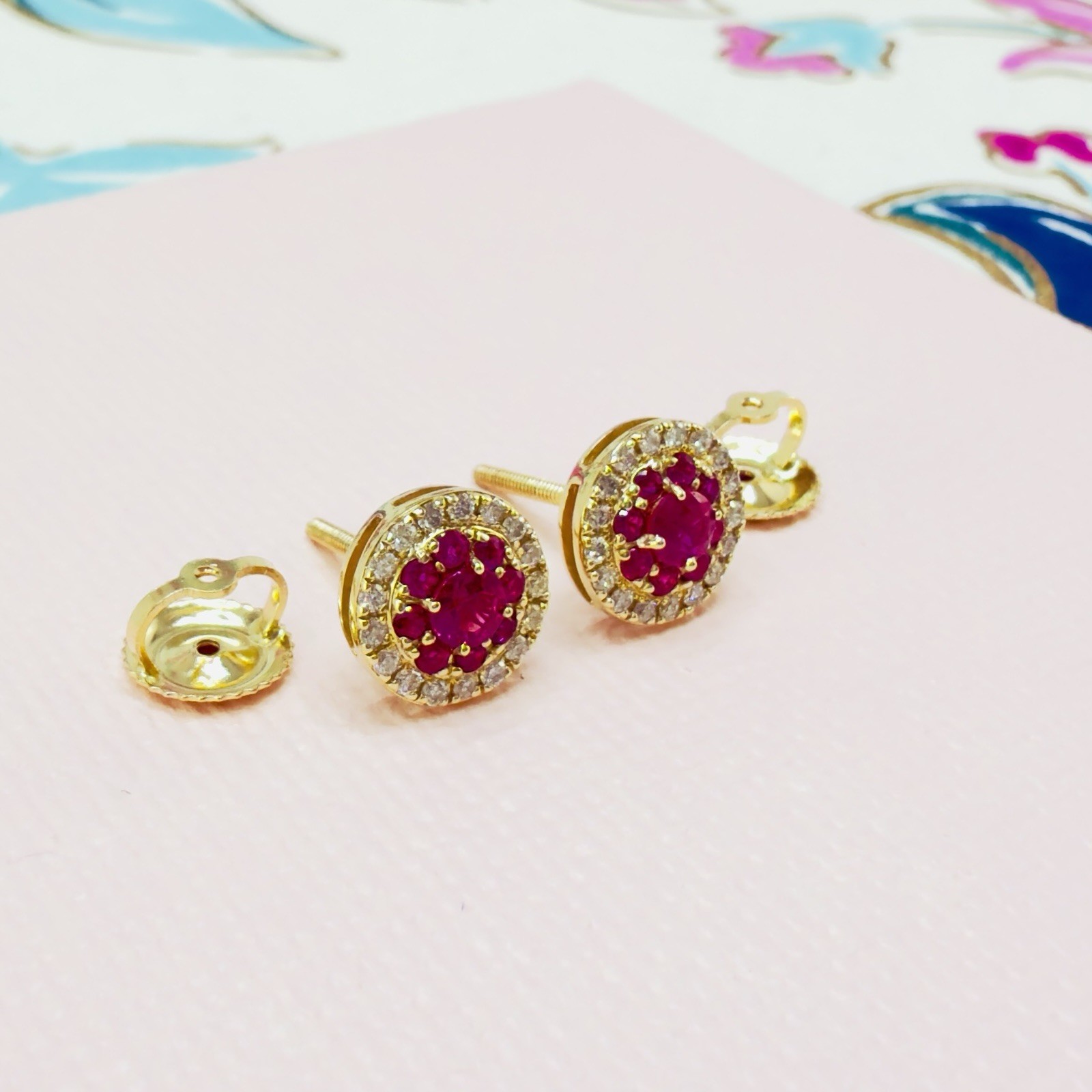14k Yellow Gold Genuine Ruby & Diamond Halo Stud Screw-Back Earrings, New - Picture 3 of 10