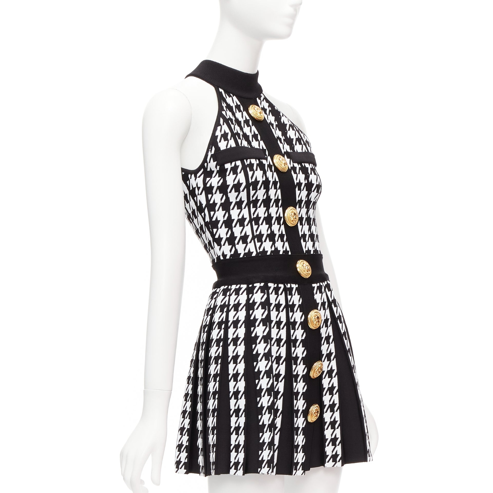 BALMAIN 2023 black white houndstooth gold lion button halter