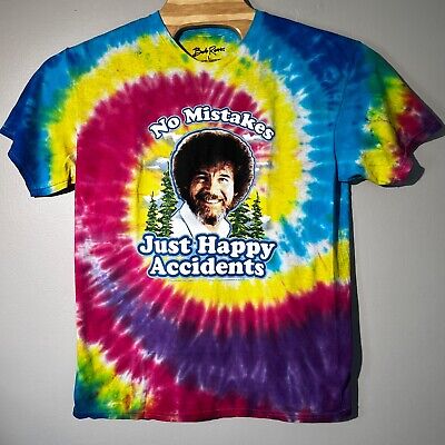 Bob Ross No Mistakes Just Happy Accidents Rainbow Tie Dye Tee Adult Size Large