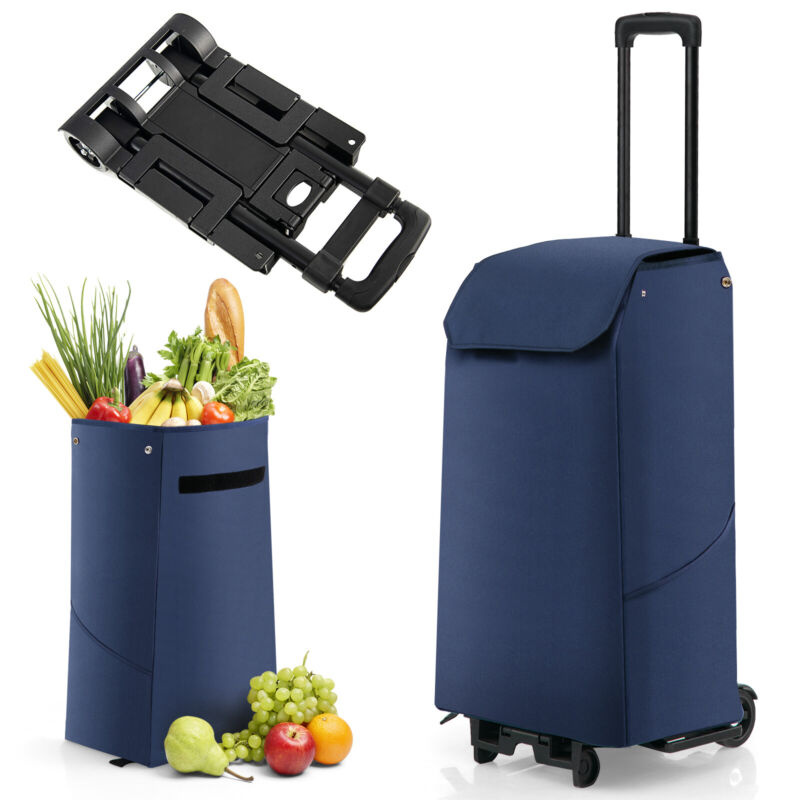 Folding Shopping Cart Rolling Utility Cart w/ Removable Waterproof Bag Dark Blue