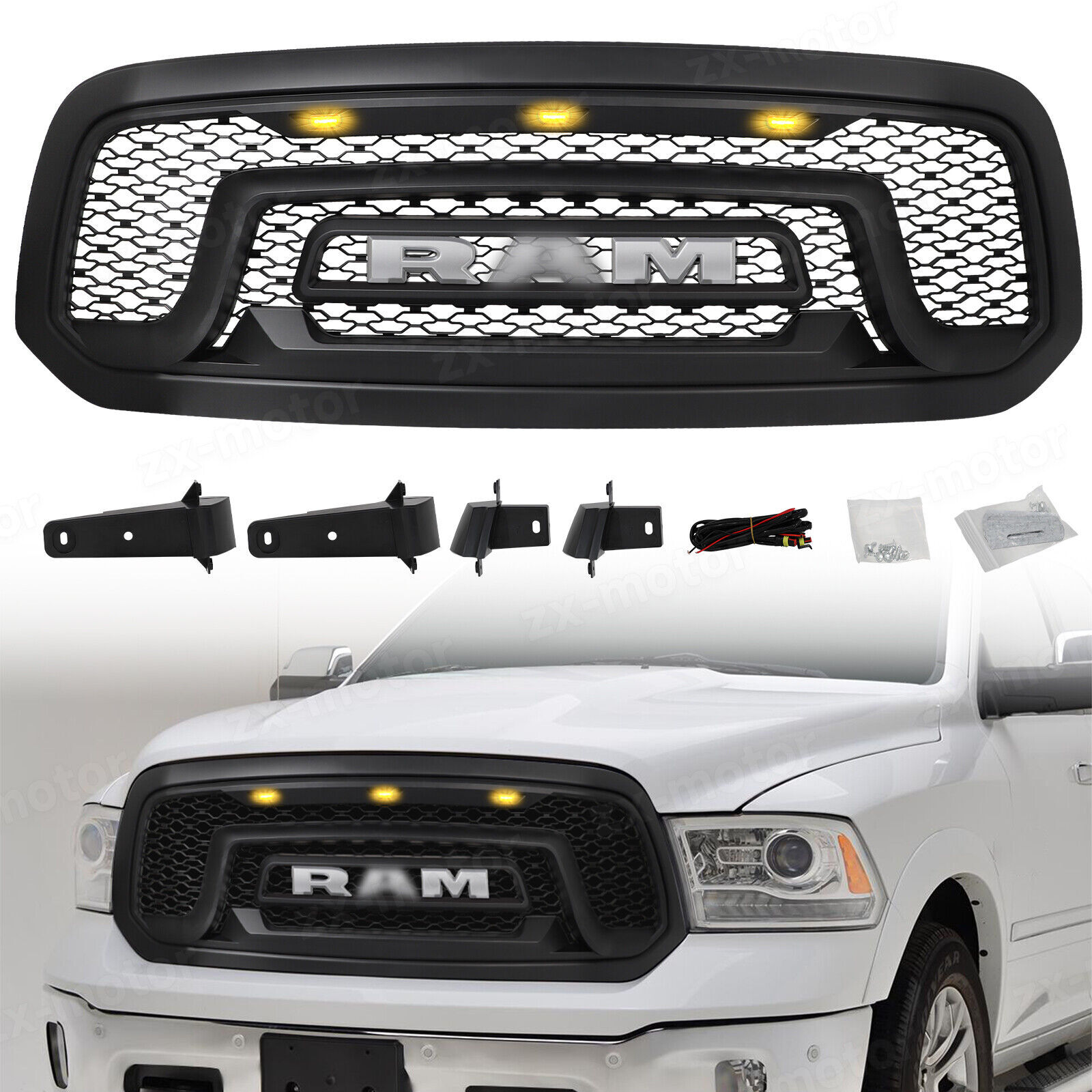 GRILL FOR 2013-2018 DODGE RAM 1500 FRONT GRILLE UPPER BUMPER MESH + LETTERS LED