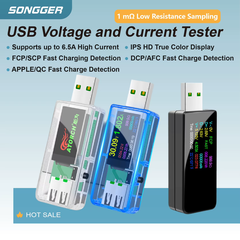 USB Charger Tester 6.5A Low Resistance 1mΩ Sampling QC FCP SCP DCP AFCApple Fast