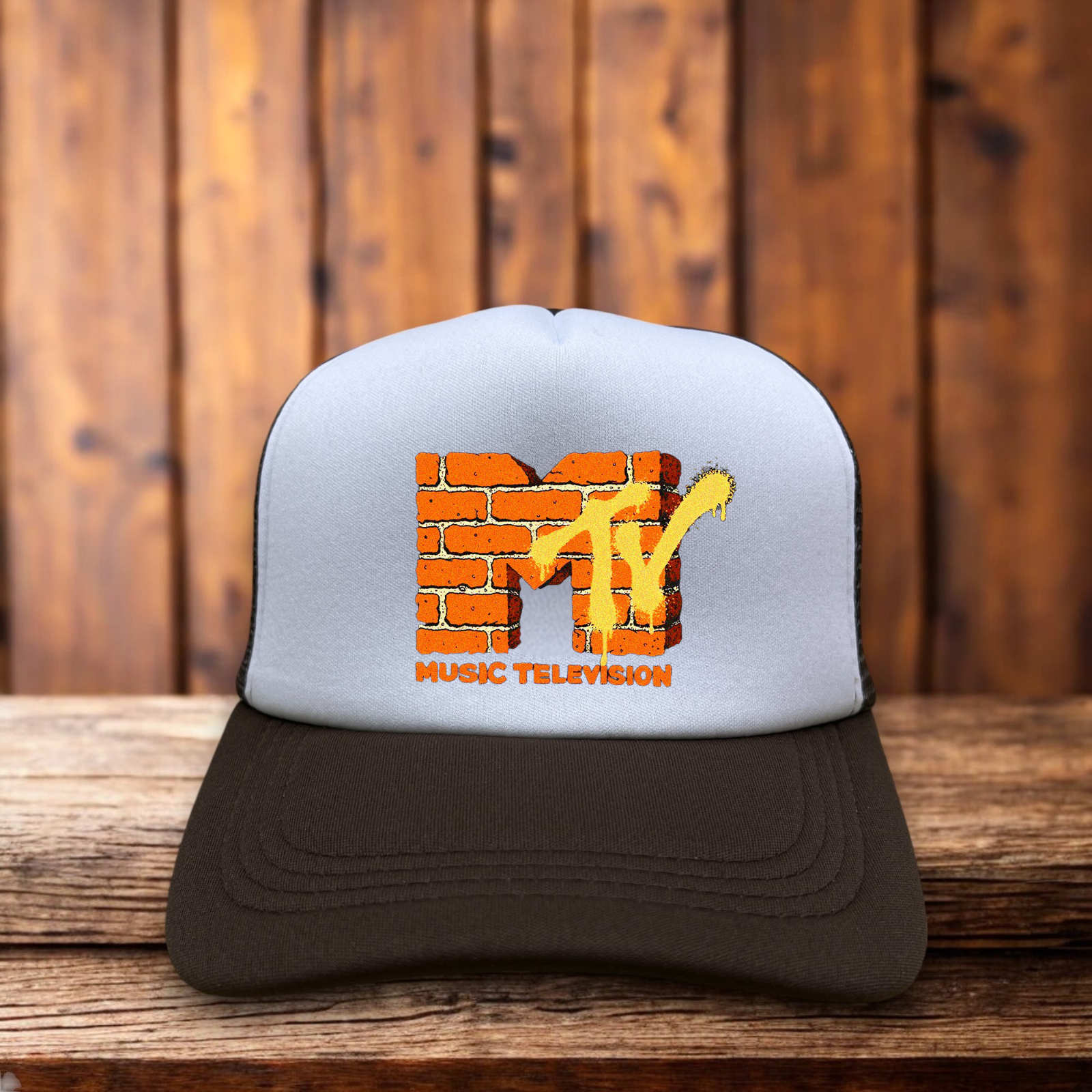 MTV Brick Mens Trucker Hat Brown Snapback Retro 90s Logo