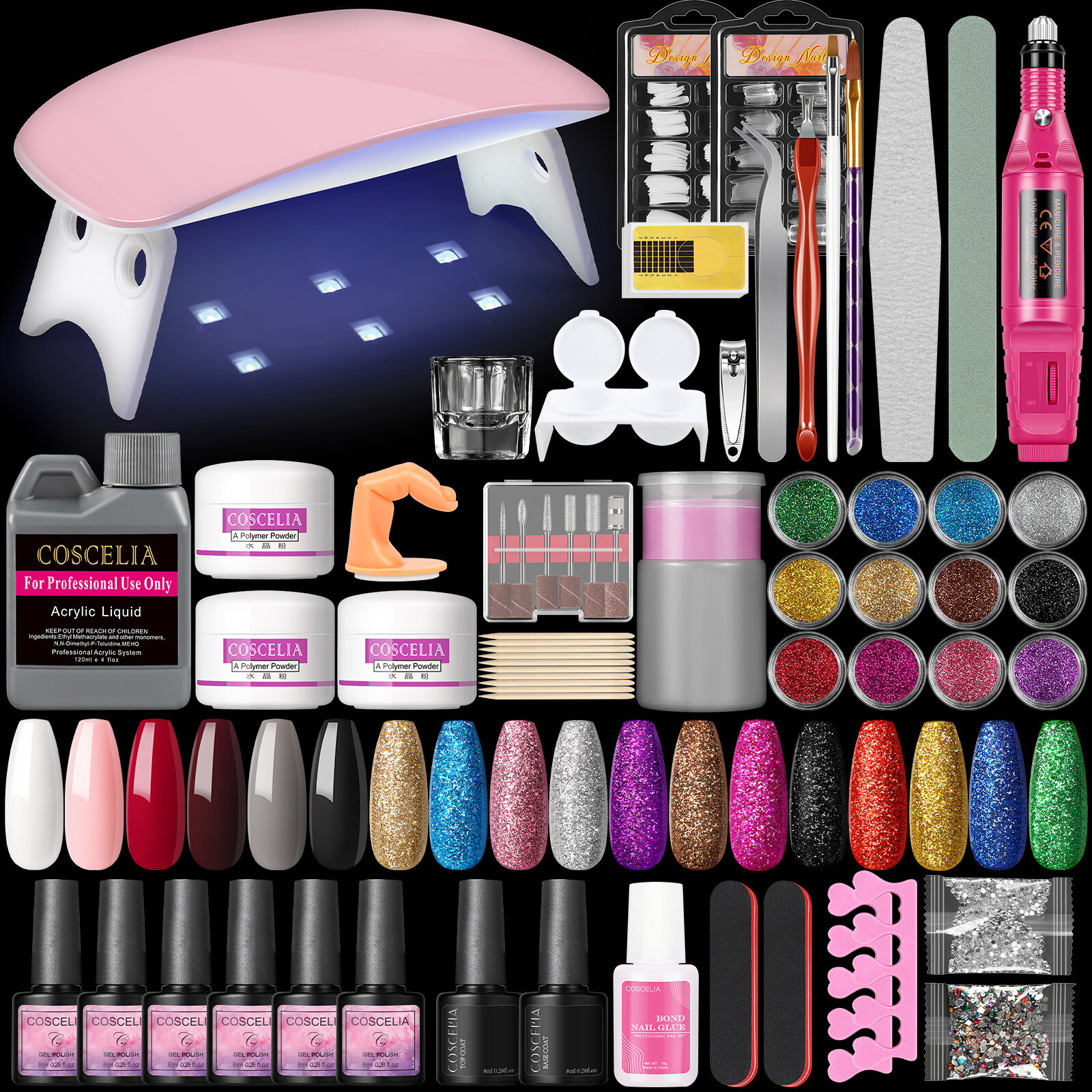 Acrylic Nail Kit With Lamp Drill Gel Nail Polish Acrylic Powder And Liquid Set