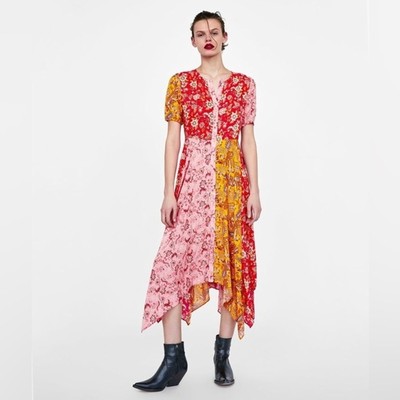 Zara Patchwork Floral Print Maxi Handkerchief Hem Fairy Dress M