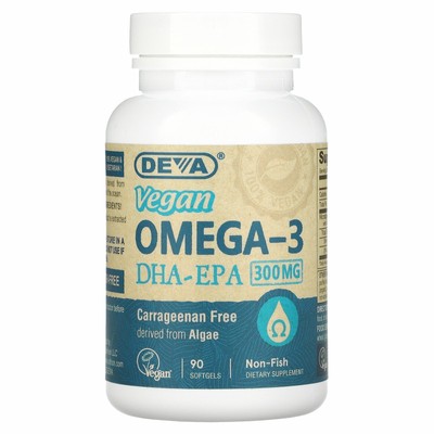 Deva Vegan Omega-3 DHA-EPA 300 мг 90 веганских мягких капсул без молока, экологически чистые,