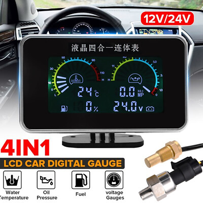 4In1 Car Oil Pressure Voltmeter Water Temperature Fuel Gauge With Sensors I2Q6