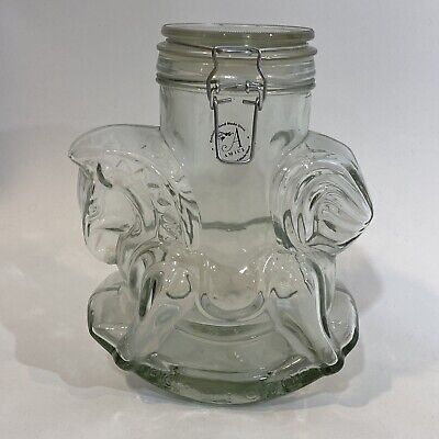 Amici Rocking Horse Cookie Jar Clear Glass Heavy Cannister 9x8x4 Hand Made