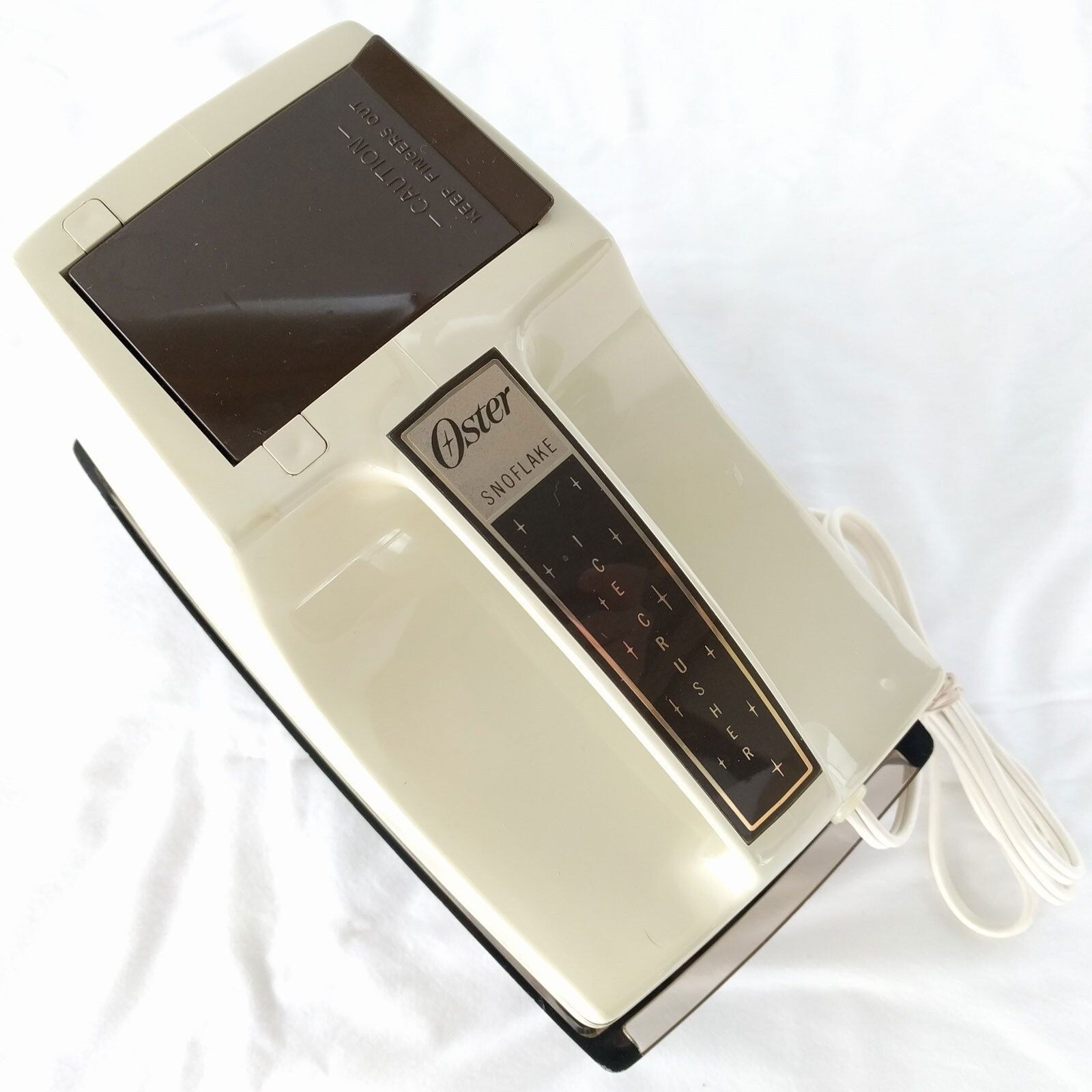 Vintage Oster SNOFLAKE 564A Ice Flaker Crusher Almond w/ Clear Brown Lucite Tray
