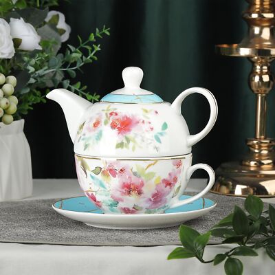Pink Floral Tea for One Tea Cup and Saucer Set with Gold Trim Porcelain Tea a...