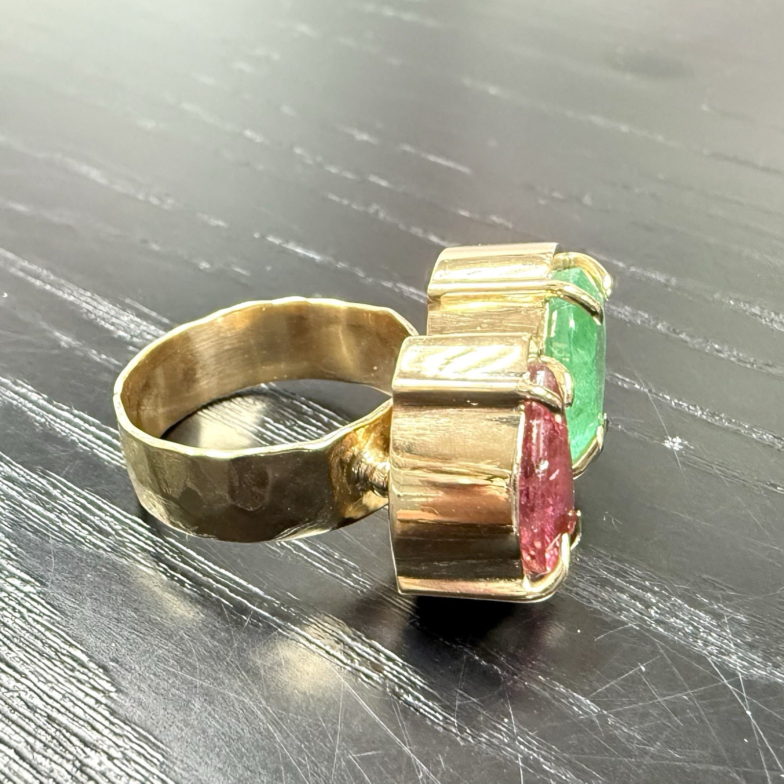 14k Yellow Gold Genuine Emerald & Pink Tourmaline Modernist Ring, New Size 6.5 - Picture 10 of 14