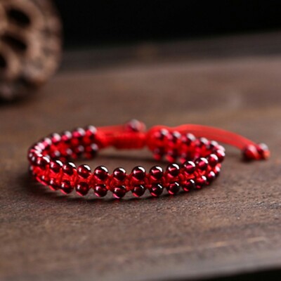 2PCS Lucky Garnet Bead Handmade Red String Cord Braided Knitted Bracelet Anklet