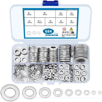684 Pcs Stainless Steel Flat Washers Assortment Kit for Furniture Screws Bolts