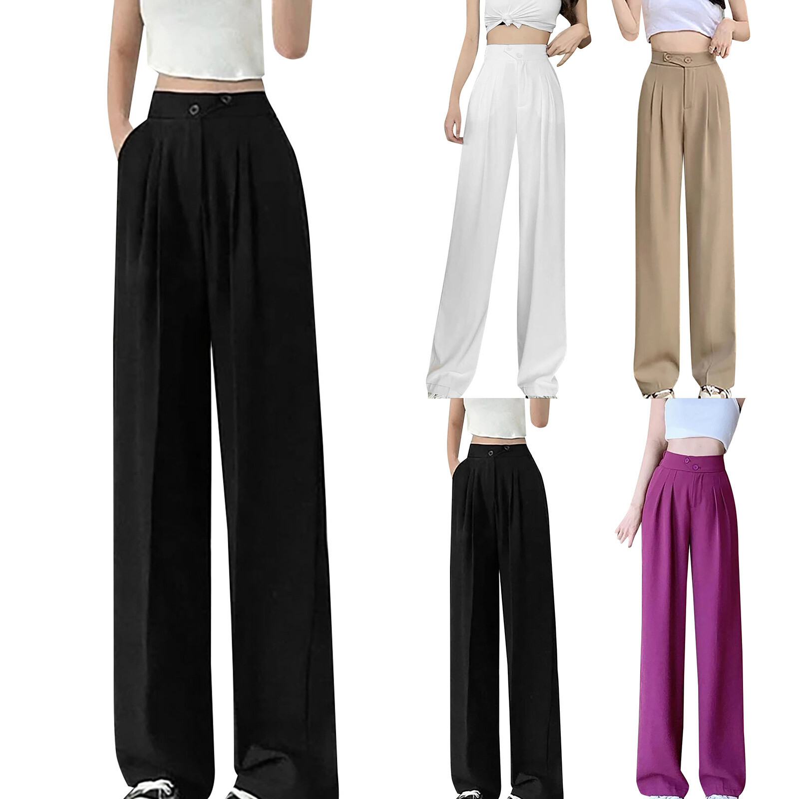 Womens Solid High-Waisted Pants Casual Straight Wide Leg Womens Solid High-Waisted Pants Casual Straight Wide Leg