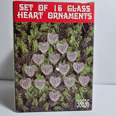 Clear Spun Glass Heart Shape Ornament Set of 16 Open Box