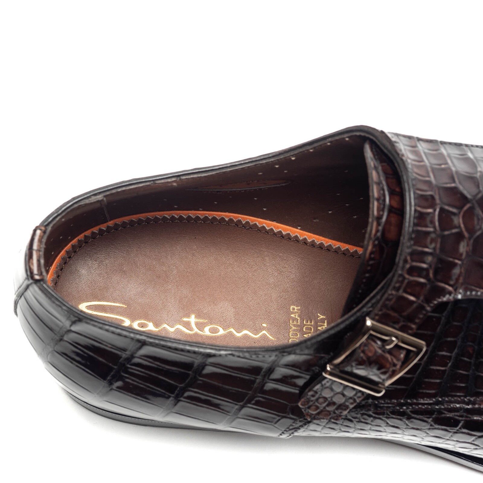 Pre-owned Santoni Double Monk Crocodile Alligator Shoes Uk: 11 Us: 12 Eu: 45 Dark Brown