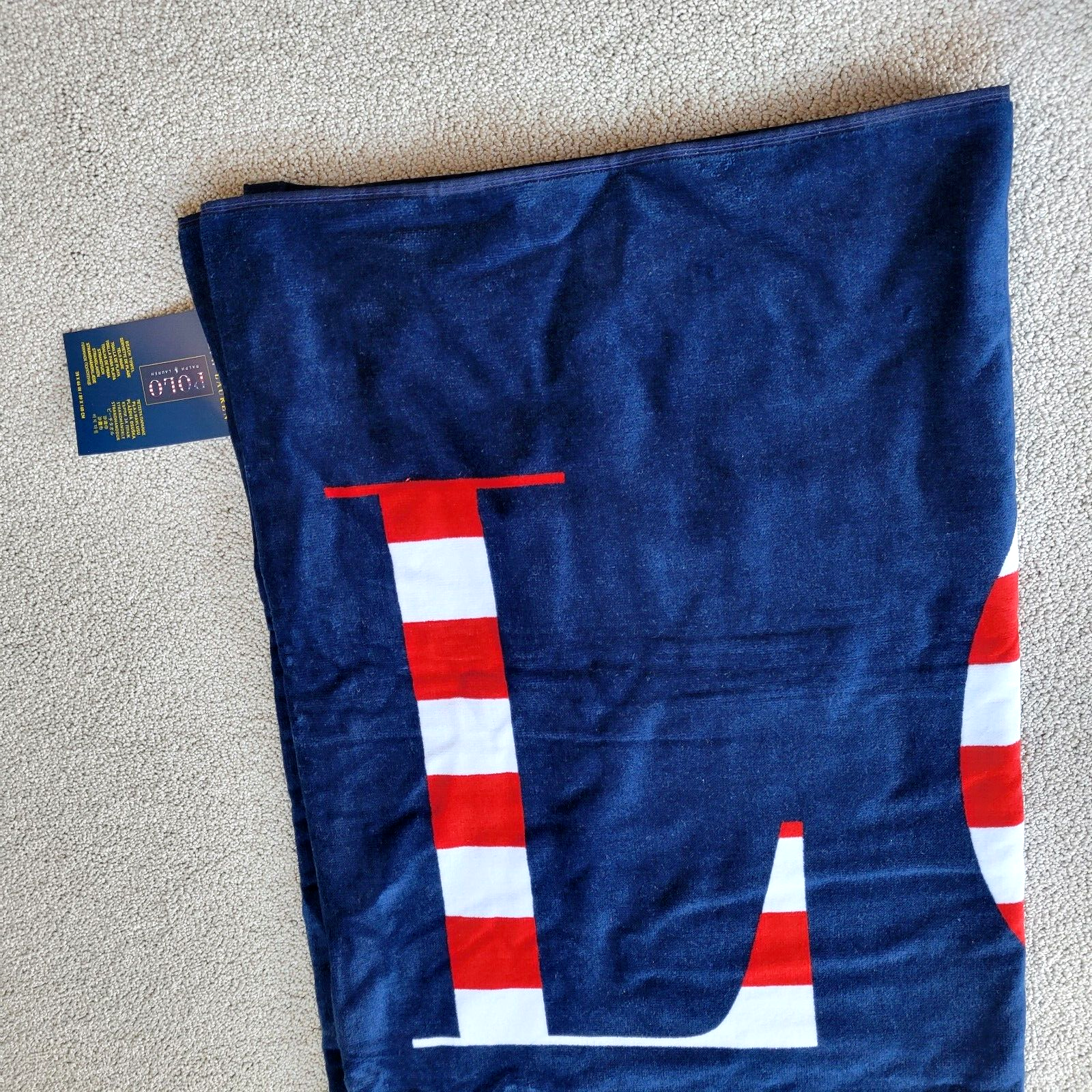 Polo Ralph Lauren Plush Velour POLO RL Spell Out Beach Pool Towel Navy 35X66
