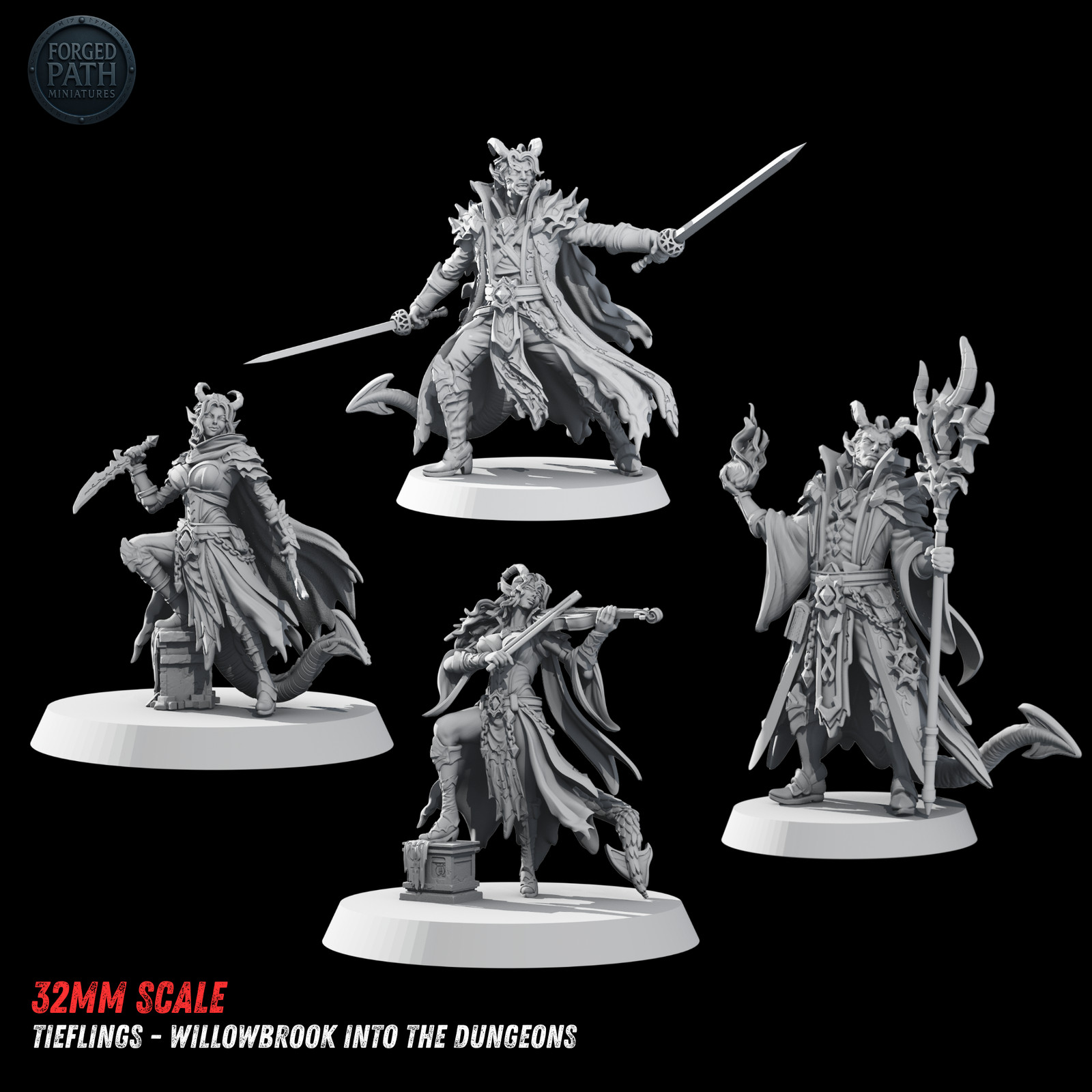 Tiefling Set of 4 | 32mm Fantasy Character Miniatures | Resin D&D RPG Models |