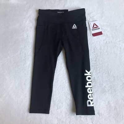 Reebok Girls Black Elastic Waist Logo Leggings W/ Pockets Size XS (4-5)Waist 21''