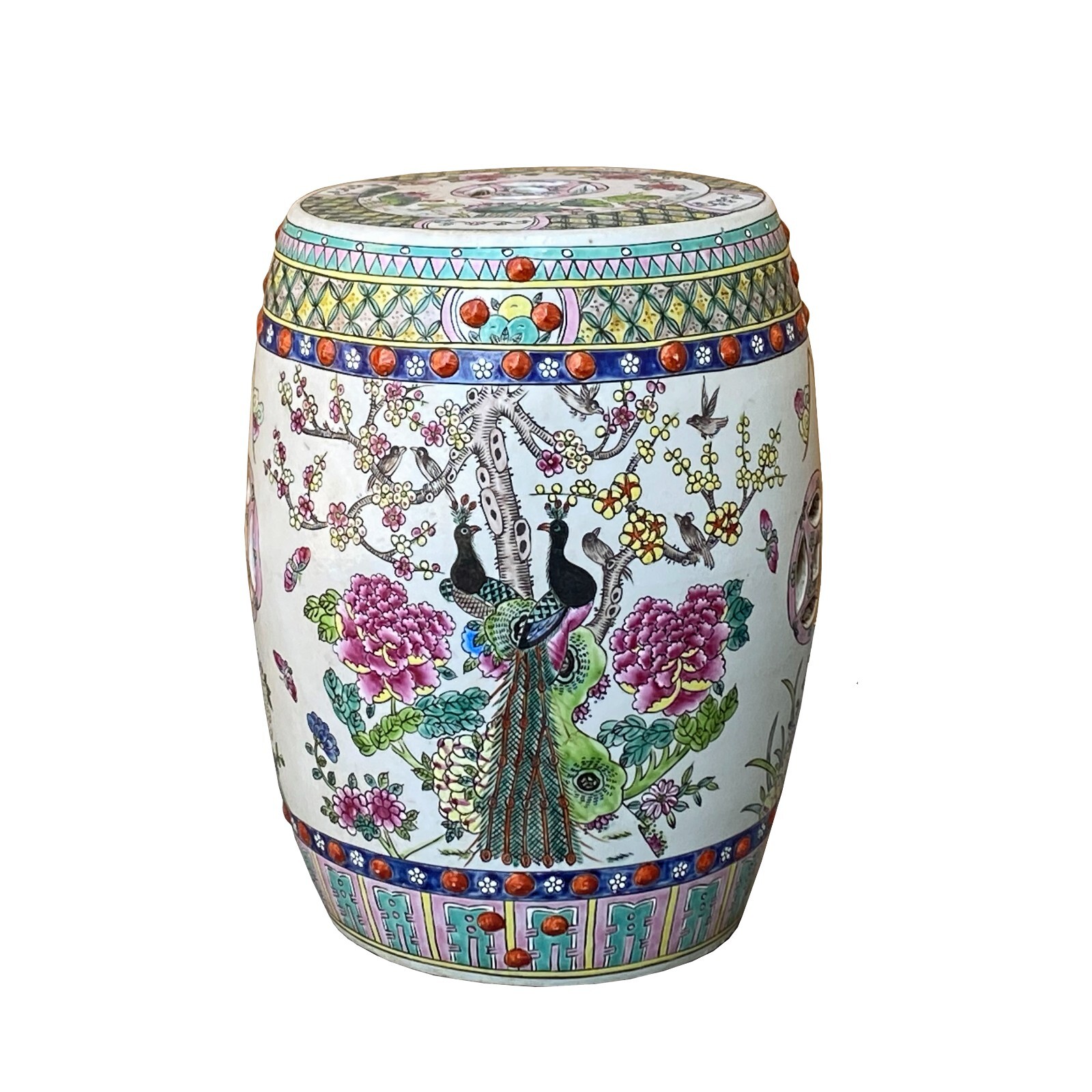 Vintage Oriental Famille Rose Mixed Color Porcelain Round Stool Ottoman cs7386S Vintage Oriental Famille Rose Mixed Color Porcelain Round Stool Ottoman cs7386S