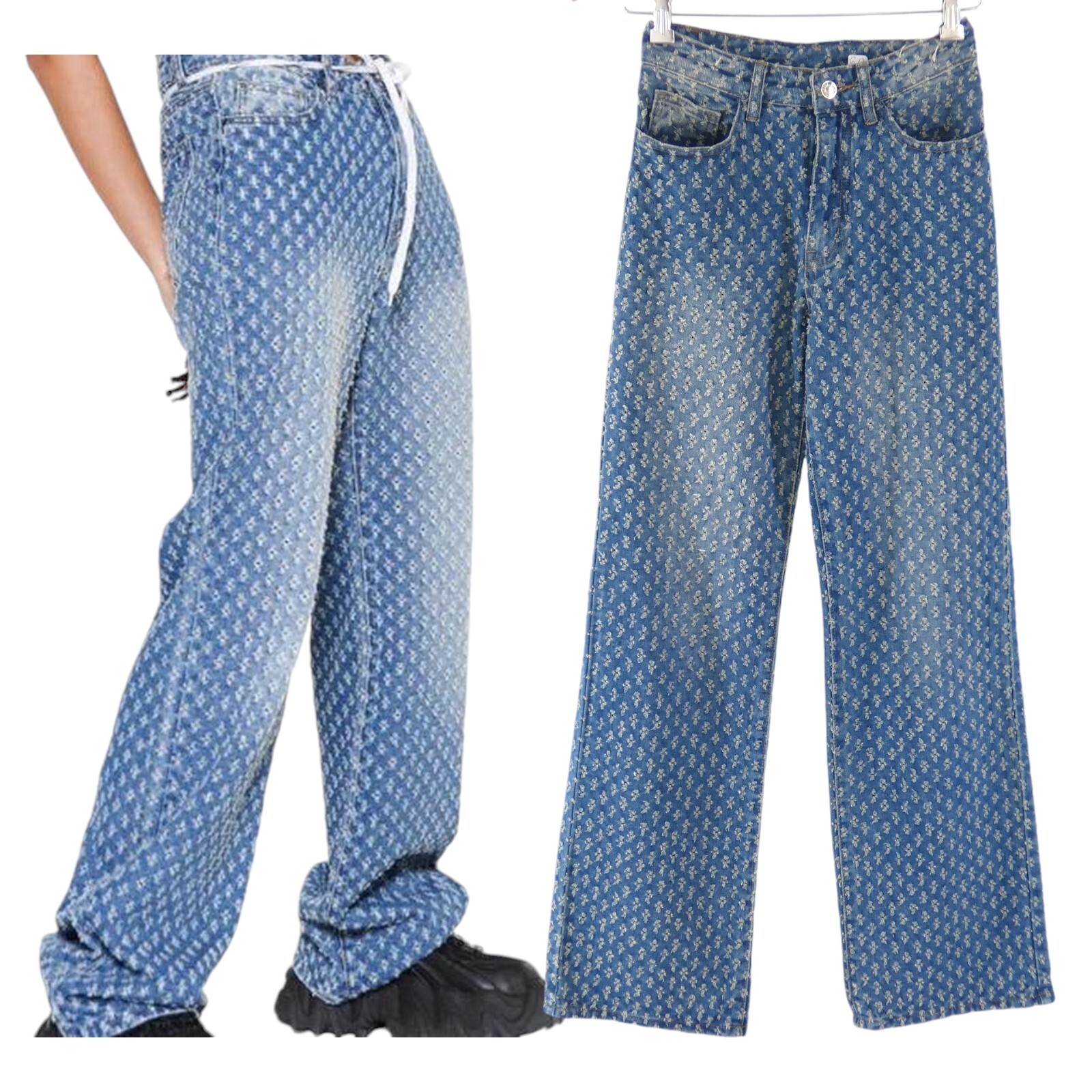 Jaded London Jeans Distressed Ripped Blue Straight Wide Leg
