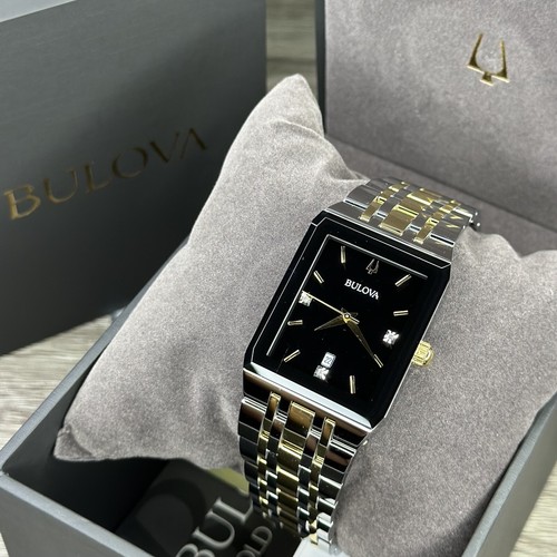 Pre-owned Bulova New✅  Quadra Diamond Date Black Dial Rectangle Two Tone Men's Watch 98d153