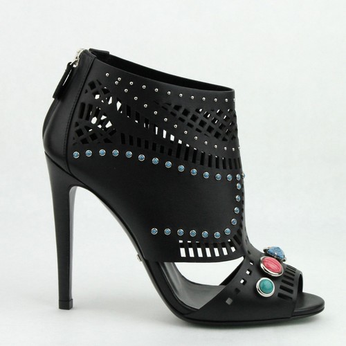 Pre-owned Gucci Women's Black Leather Open Toe W/jewels Zipper Heel Boots 374743 1000
