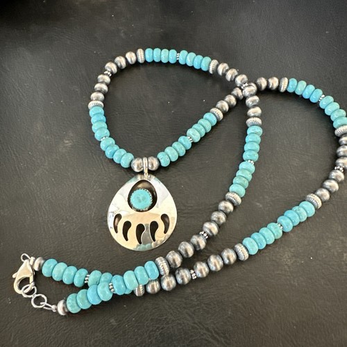 Pre-owned Handmade Mens Blue Turquoise Bearpaw Pendant Navajo Pearls Sterling Silver Necklace 17880