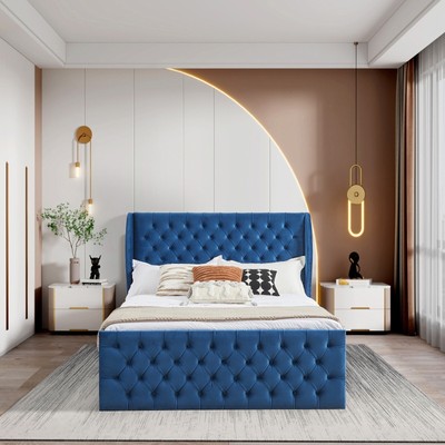 King Size Velvet Upholstered Sleigh Bed with Scroll Wingback Headboard