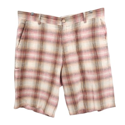TOMMY BAHAMA 100% Linen Shorts Relax Plaid Multi Pockets 11" Inseam Size 38