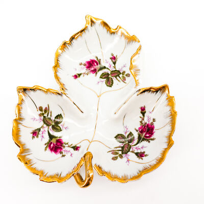 Vintage Porcelain Leaf Shaped Candy Trinket Dish White + Pink Moss Rose Napco