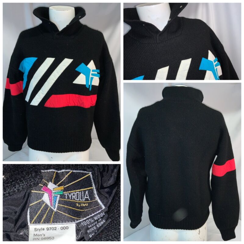 Tyrolia Retro 80s Ski Sweater S Men Black Wool ¼ Zip Lined Hong Kong YGI L1-395