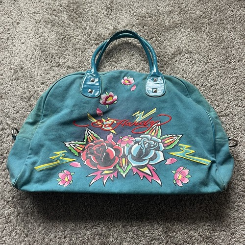 Vintage Y2K Ed Hardy Large Blue Bowling Duffle Bag Bedazzled