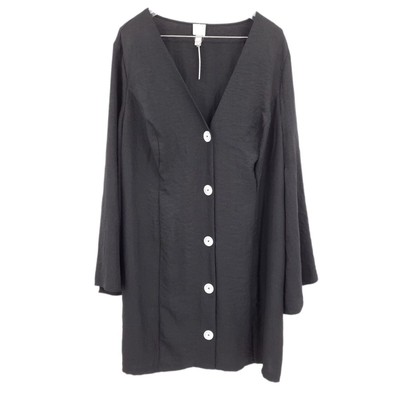 NEW ASOS Curve Button Up Linen Look Mini Dress Size 20 Black Long Fluted Sleeves