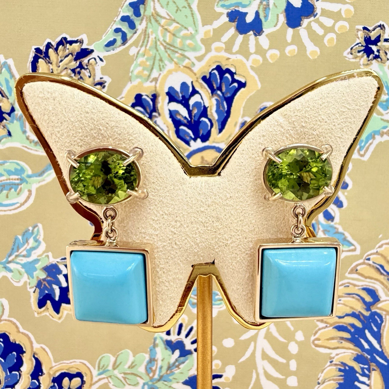 14k Yellow Gold Genuine Peridot & American Turquoise Statement Earrings, New - Picture 3 of 12