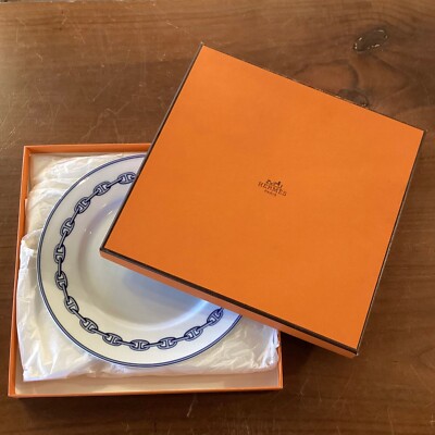 HERMES Paris Authentic Plate Chain D'ancre Silver Porcelain 22cm W/box