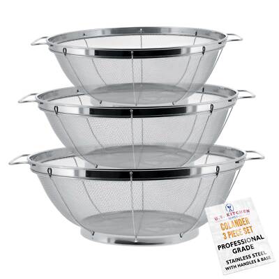 U.S. Kitchen 3pc Colander Set, Stainless Steel Mesh Strainer Net Baskets 3 4 5qt