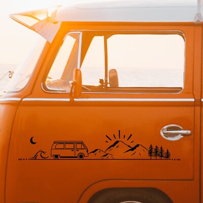 Van Aufkleber Berge Road Trip Wald Sonne Mond Wellen Wohnmobil Auto  80x20 cm