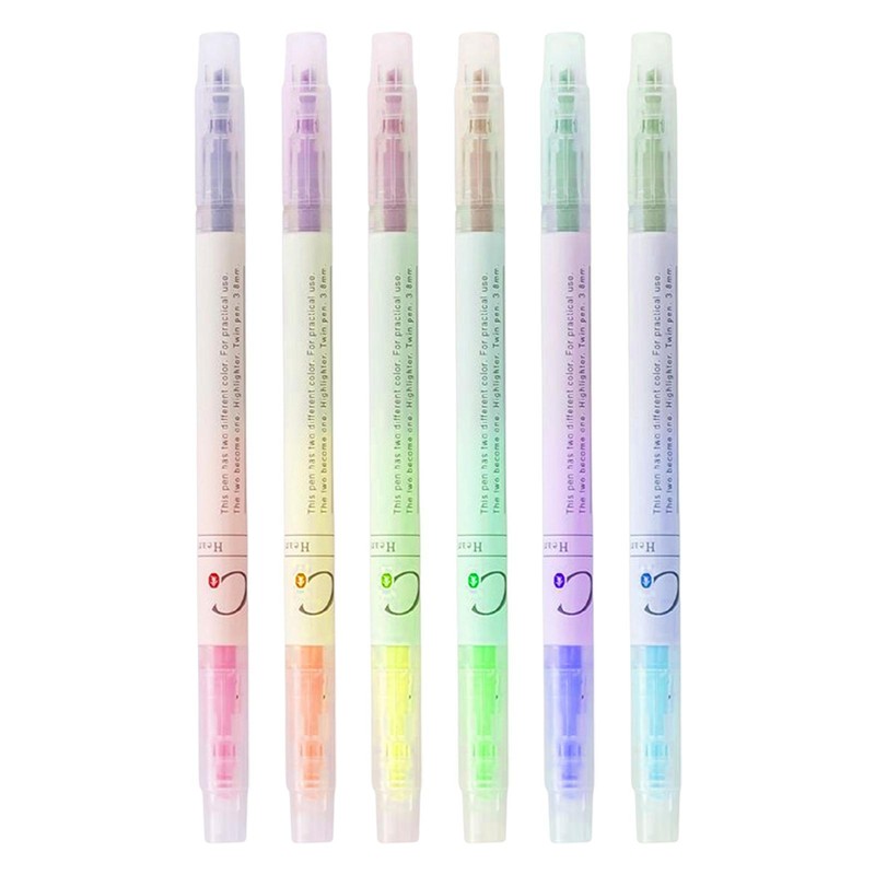 6pcs Highlighter Marker Pens Double Ended Pastel Colors Fluorescent Pen Art