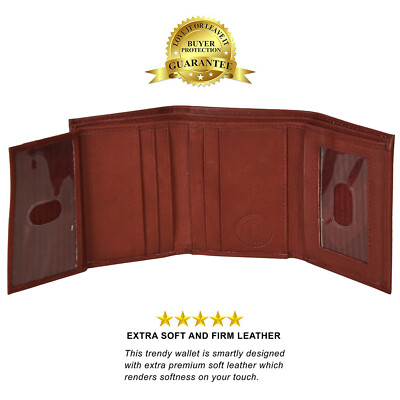 Leatherboss Mens Trifold 4 Fold Leather 2 money pockets, 2 Id slots,1 gift bag 